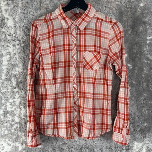 XXI Tops - XXI Size M Plaid Cotton Button Top Salmon Long Sleeve Casual Pocket Collar